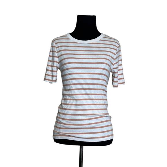 A New Day white brown stripes short sleeves knit top size Small - Picture 5 of 8